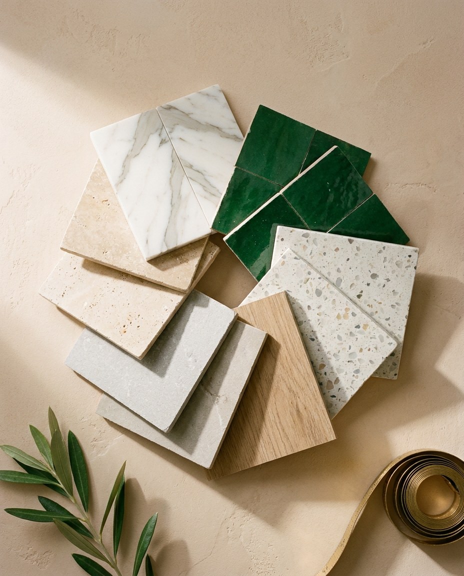 A curator-selected palette of marble, travertine, zellige and stone tile samples