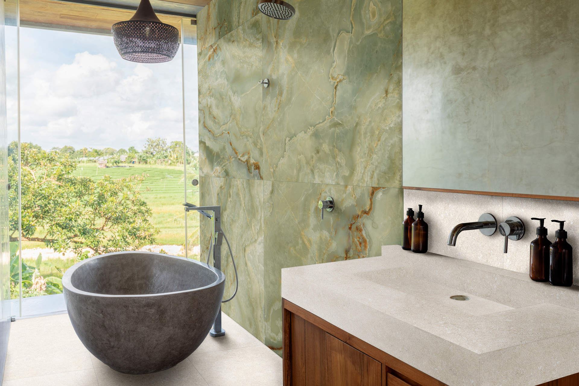 Open-plan space with large format 600x1200 porcelain floor tiles